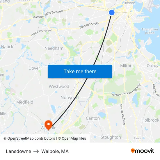 Lansdowne to Walpole, MA map