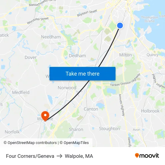 Four Corners/Geneva to Walpole, MA map