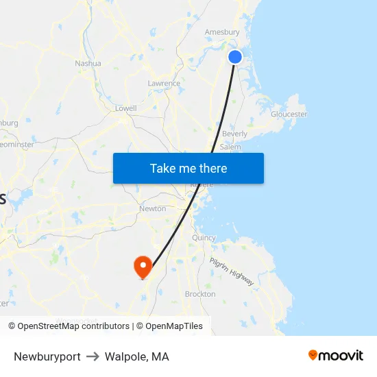 Newburyport to Walpole, MA map