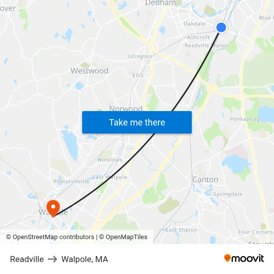 Readville to Walpole, MA map