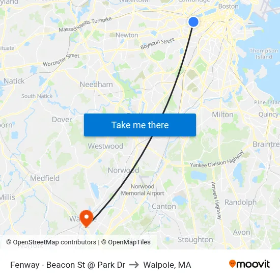 Fenway - Beacon St @ Park Dr to Walpole, MA map