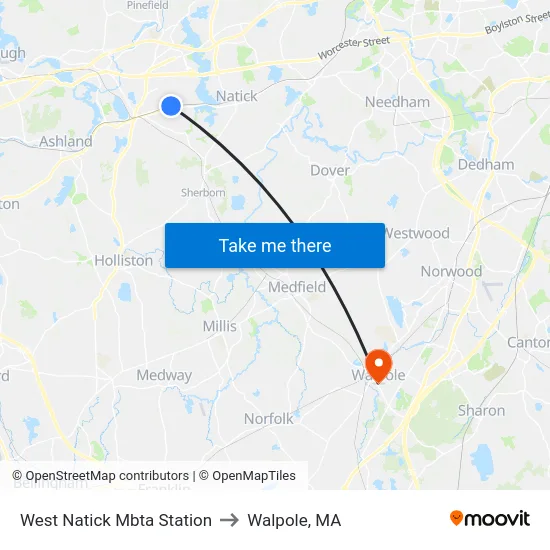 West Natick Mbta Station to Walpole, MA map