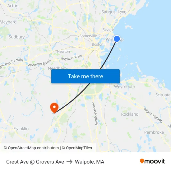Crest Ave @ Grovers Ave to Walpole, MA map