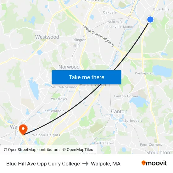 Blue Hill Ave Opp Curry College to Walpole, MA map