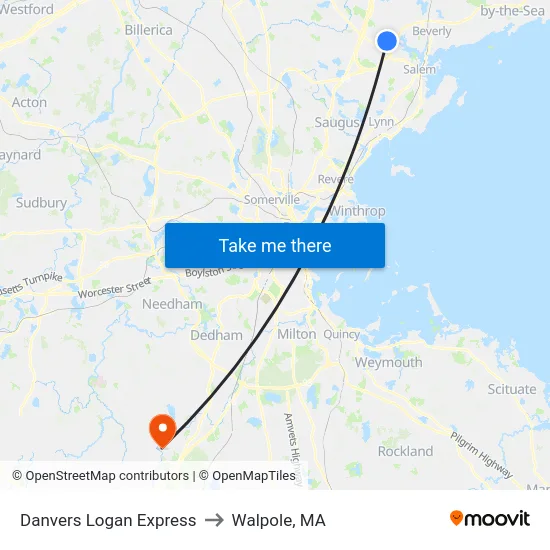 Danvers Logan Express to Walpole, MA map