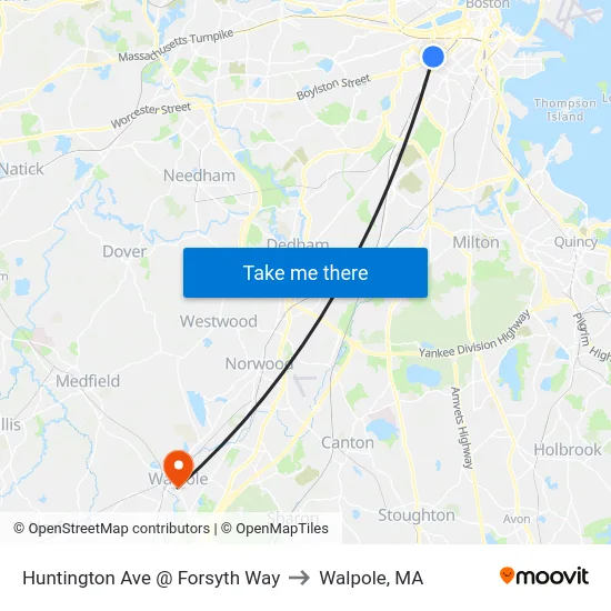 Huntington Ave @ Forsyth Way to Walpole, MA map