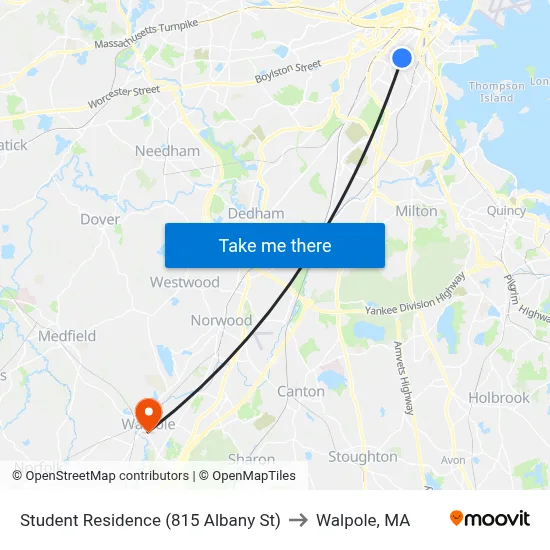 Student Residence (815 Albany St) to Walpole, MA map