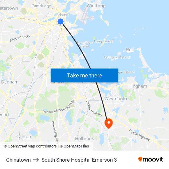 Chinatown to South Shore Hospital Emerson 3 map