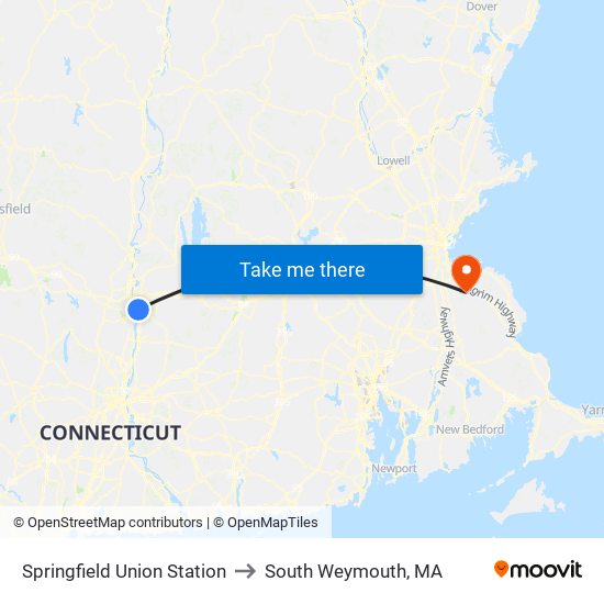 Springfield Union Station to South Weymouth, MA map