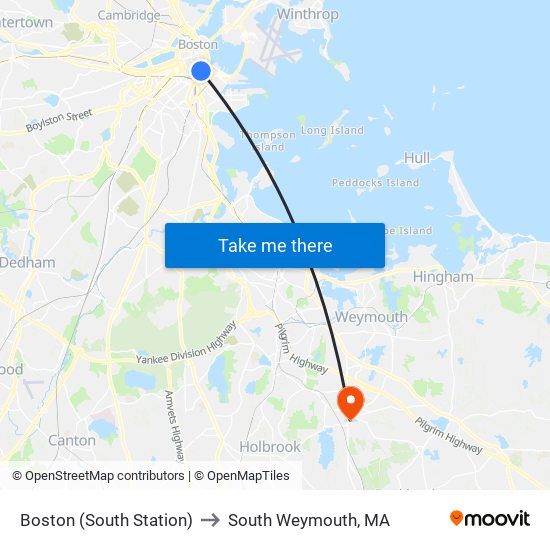 Boston (South Station) to South Weymouth, MA map