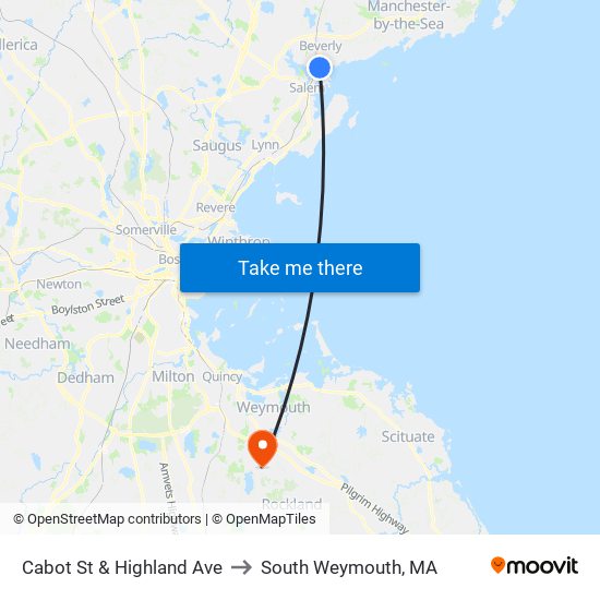 Cabot St & Highland Ave to South Weymouth, MA map