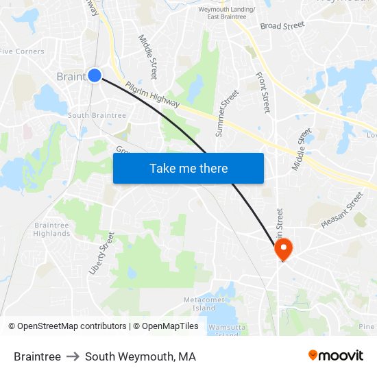 Braintree to South Weymouth, MA map