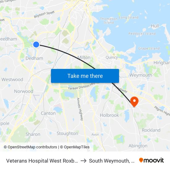 Veterans Hospital West Roxbury to South Weymouth, MA map