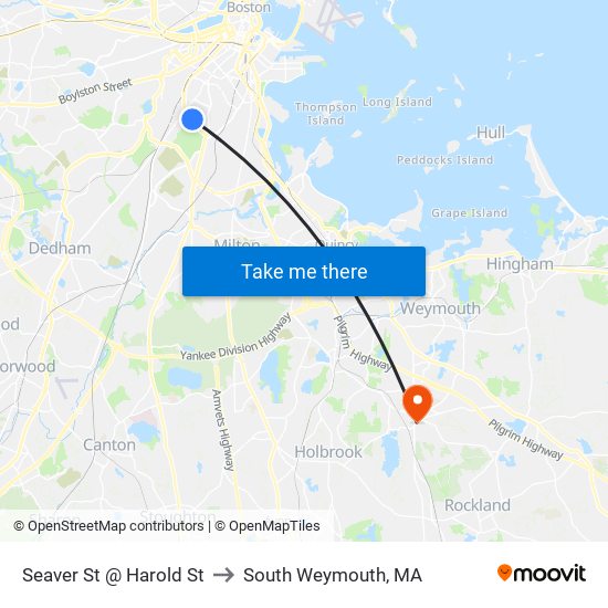 Seaver St @ Harold St to South Weymouth, MA map