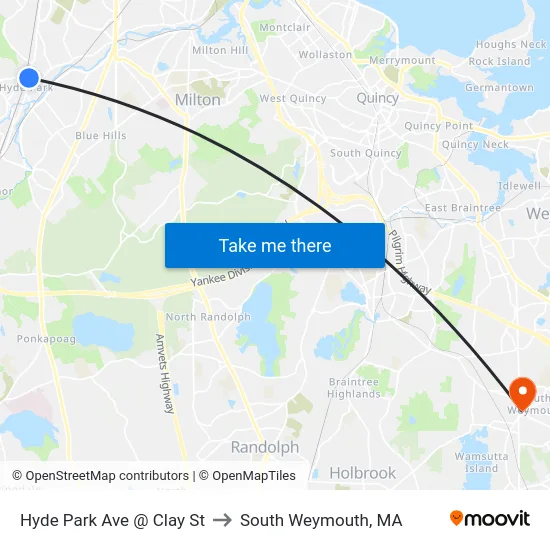 Hyde Park Ave @ Clay St to South Weymouth, MA map