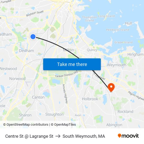 Centre St @ Lagrange St to South Weymouth, MA map