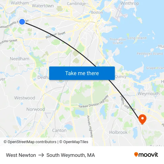 West Newton to South Weymouth, MA map