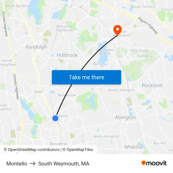 Montello to South Weymouth, MA map