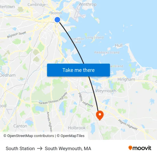 South Station to South Weymouth, MA map