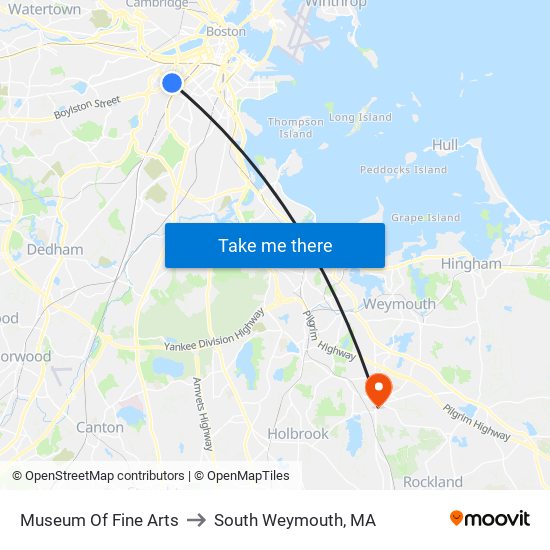 Museum Of Fine Arts to South Weymouth, MA map