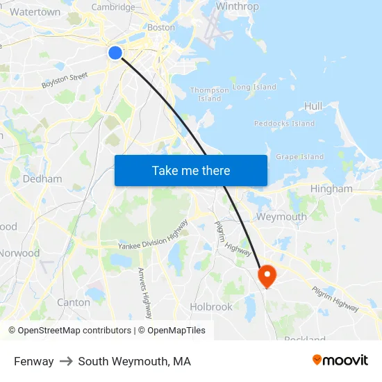 Fenway to South Weymouth, MA map