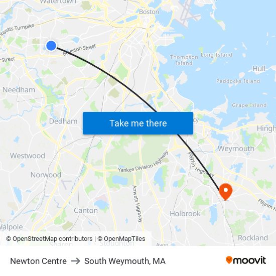 Newton Centre to South Weymouth, MA map