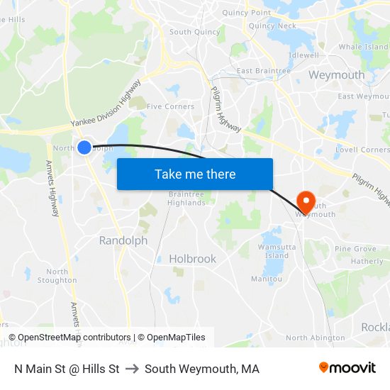 N Main St @ Hills St to South Weymouth, MA map