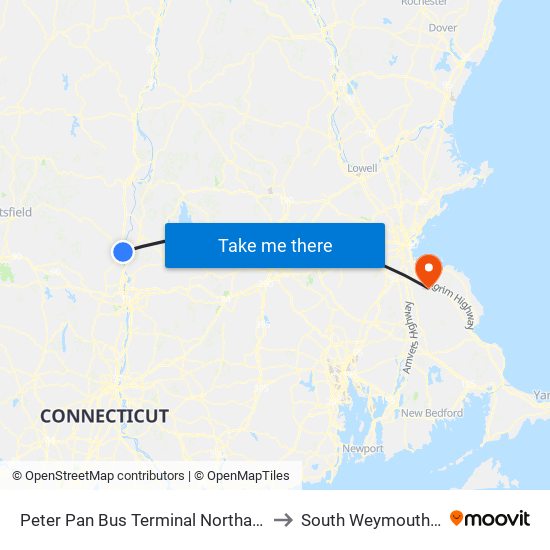 Peter Pan Bus Terminal Northampton to South Weymouth, MA map