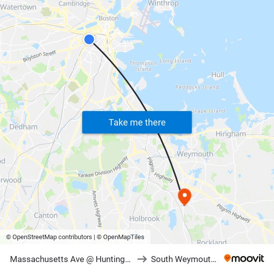 Massachusetts Ave @ Huntington Ave to South Weymouth, MA map