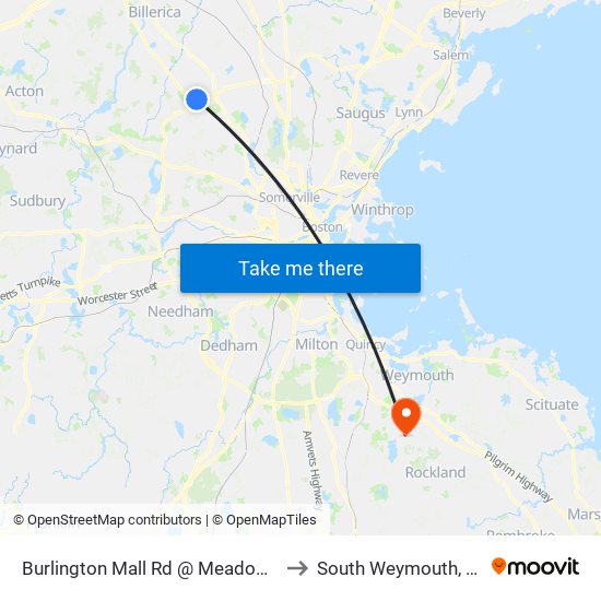 Burlington Mall Rd @ Meadow Rd to South Weymouth, MA map