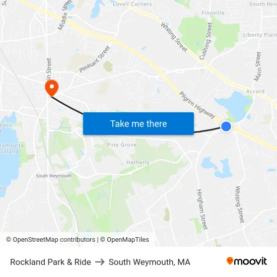 Rockland Park & Ride to South Weymouth, MA map