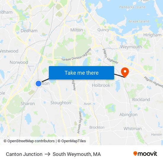 Canton Junction to South Weymouth, MA map