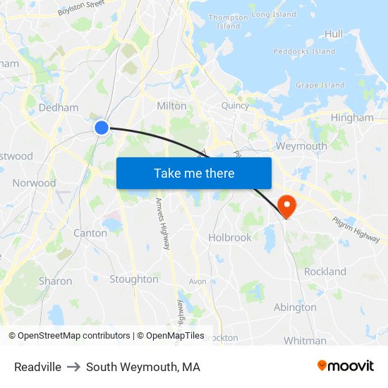 Readville to South Weymouth, MA map