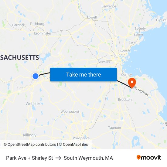 Park Ave + Shirley St to South Weymouth, MA map