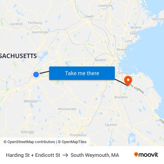 Harding St + Endicott St to South Weymouth, MA map