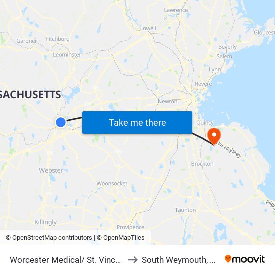 Worcester Medical/ St. Vincent to South Weymouth, MA map