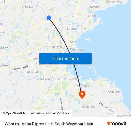 Woburn Logan Express to South Weymouth, MA map