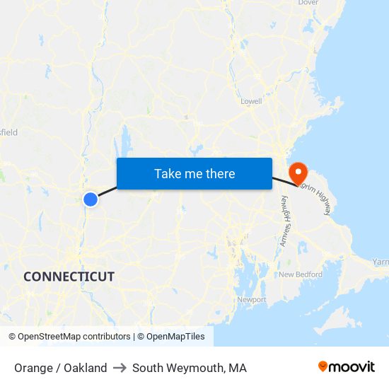 Orange / Oakland to South Weymouth, MA map