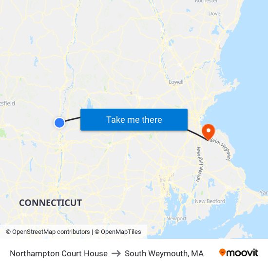 Northampton Court House to South Weymouth, MA map