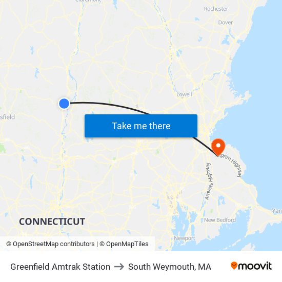 Greenfield Amtrak Station to South Weymouth, MA map