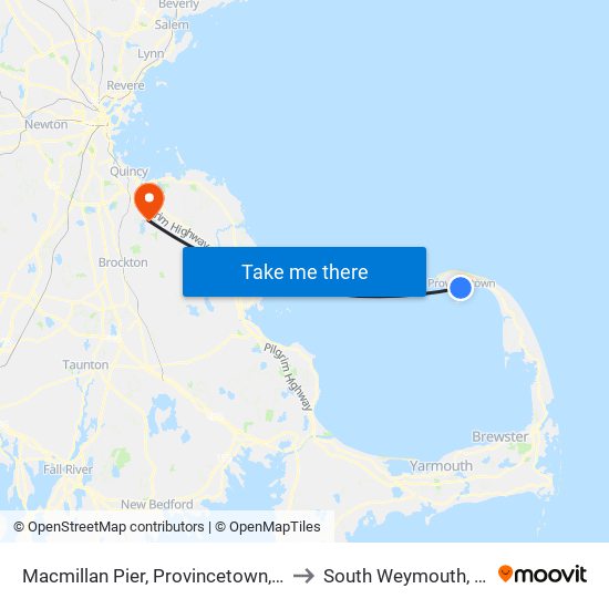 Macmillan Pier, Provincetown, MA to South Weymouth, MA map
