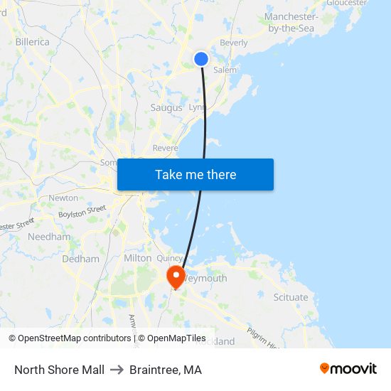 North Shore Mall to Braintree, MA map