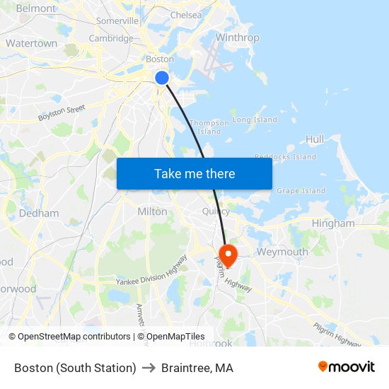 Boston (South Station) to Braintree, MA map