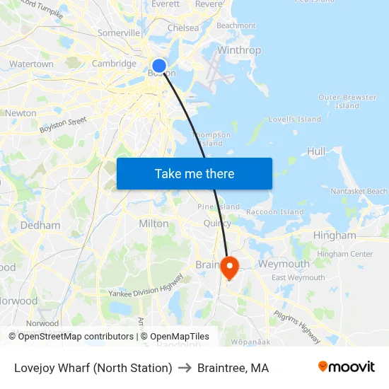 Lovejoy Wharf (North Station) to Braintree, MA map