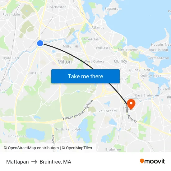Mattapan to Braintree, MA map