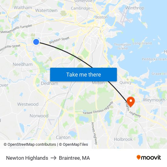 Newton Highlands to Braintree, MA map