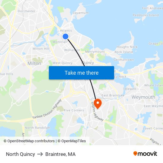 North Quincy to Braintree, MA map