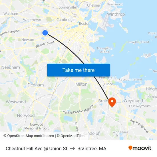 Chestnut Hill Ave @ Union St to Braintree, MA map