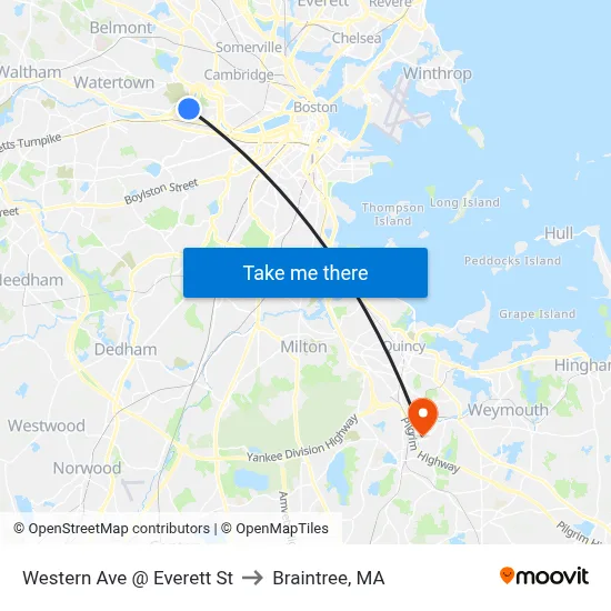 Western Ave @ Everett St to Braintree, MA map