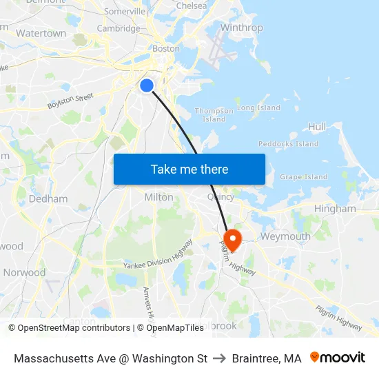 Massachusetts Ave @ Washington St to Braintree, MA map